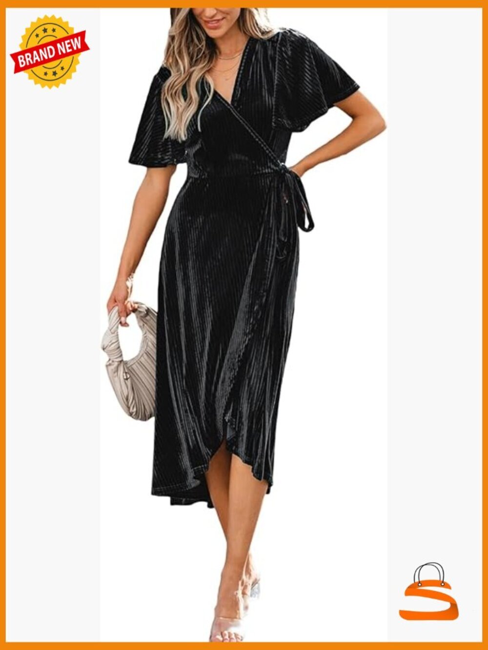 Emerald V Neck Midi Dress Belted Short Sleeve Ribbed Knit Flowy Cocktail Party